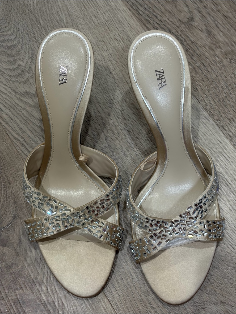 NWOT 🎉 Zara Cream Crystal-Embellished Strappy Heeled Mules. Size 38 - Picture 7 of 14